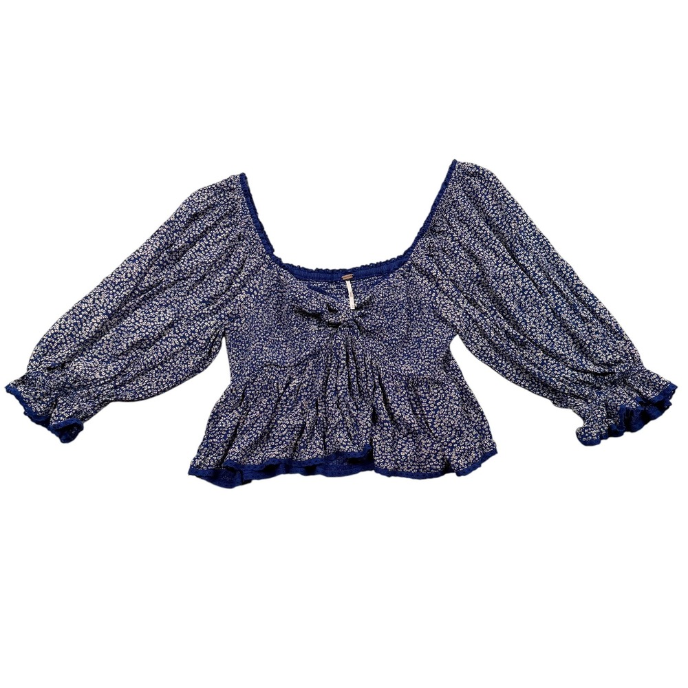 Free People Top Womens M Blue Floral Smocked Puff Sleeve Peplum Blouse